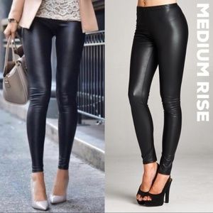 Black Faux Leather Leggings Mid - Rise Vegan Pants